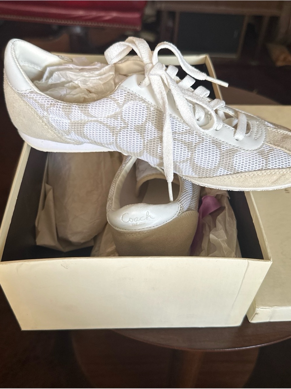 Coach White and Beige Mesh Suede Lace-Up Sneakers